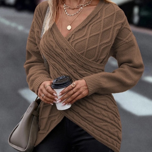 Cozy Chunky Cable Knit Wrap Sweater Top - Picture 12 of 15